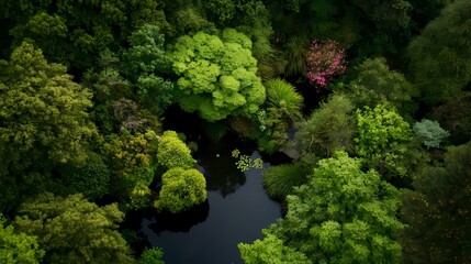 Aerial view of lush green forest with pond.