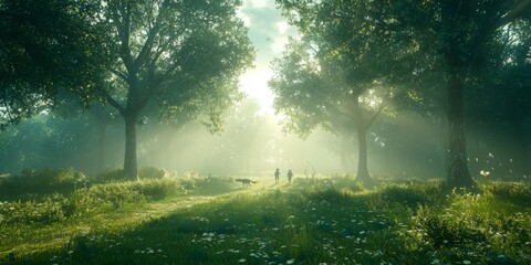 Obraz premium Magical Forest Path Sunlit Green Trees Two Figures Dog Nature Scene