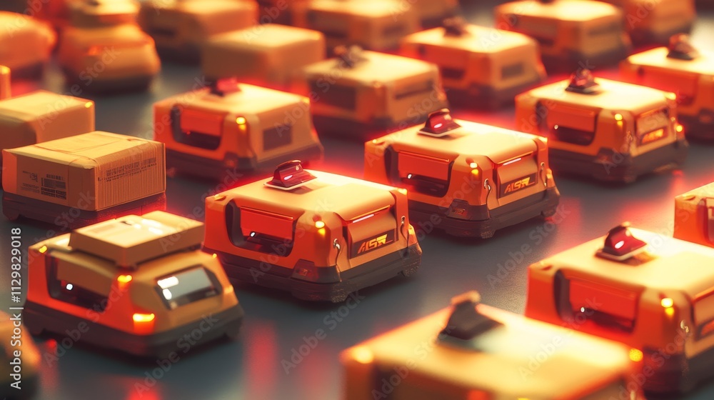 Poster a group of autonomous delivery robots, glowing with vibrant red and orange lights, navigate through 