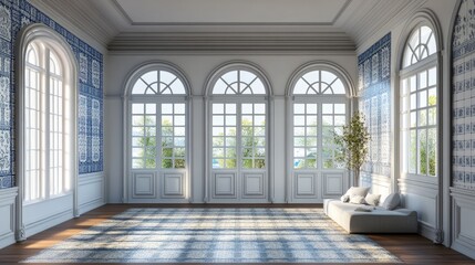 Original minimalistic design of room with portugal pattern. Incredibly beautiful 3D rendering of a living room design with azulejo elements and nostalgic notes of Portuguese culture.