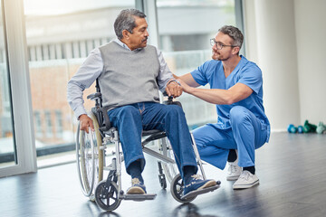 Hospital, wheelchair and nurse with senior patient for care, support and recovery in consultation....