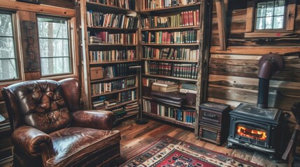 A rustic cabin library with reclaimed wood shelves, a vintage armchair