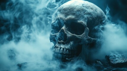 Dark Halloween Background: Skull Surrounded by Fog and Real Mist on a Black Floor