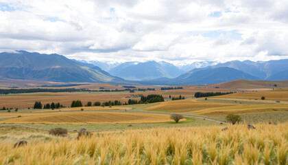 Obraz premium Rolling Hills Farmland Under Majestic Mountain Range