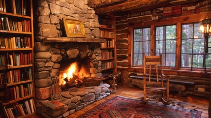 A rustic cabin library with wooden shelves, a stone fireplace