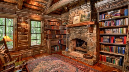 Obraz premium A rustic cabin library with wooden shelves, a stone fireplace