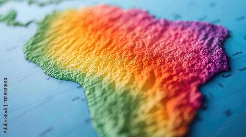 Poster map atlas concept. close-up view of a colorful topographical map highlighting land features.
