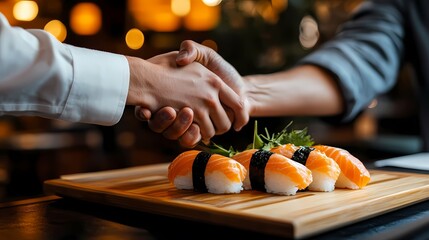 Business deal sealed with handshake over sushi.