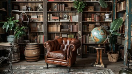 A rustic library with reclaimed wood shelves, a comfortable leather chair