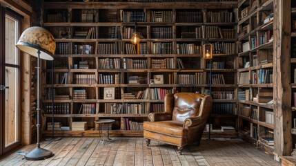 A rustic library with reclaimed wood shelves, a comfortable leather chair