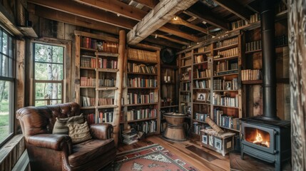 A rustic library with reclaimed wood shelves, a comfortable leather chair