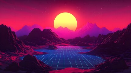 80s Retro Video Game Landscape with Neon Blue Glow.