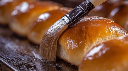 A detailed close-up of a brush applying glaze to freshly baked bread rolls, capturing the golden-brown shine on the soft bread. The scene emphasizes artisanal baking and food preparation.. AI