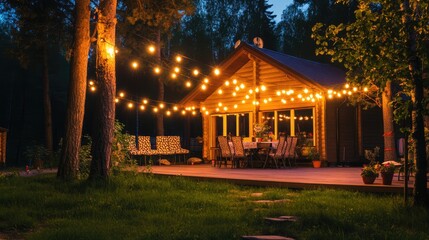 Outdoor string lights hanging on a line on outside house in backyard. Garden decoration. Party camping