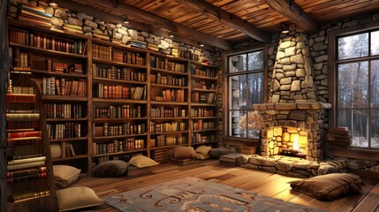 Obraz premium A rustic library with wooden bookshelves, a stone wall
