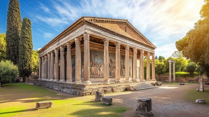 Obraz premium Outside of Roman temple adorned with frescoes depicting historical narratives