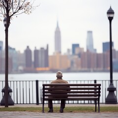 Man sitting alone on parkbench with worried
expression,surrounded byempty benches, capturingloneliness and uncertainty ofunemployment.