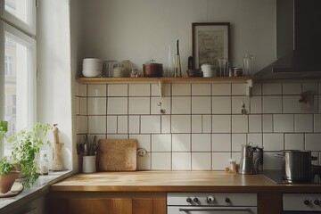 Fototapeta premium Sunny Kitchen With Wooden Countertop And White Tiles