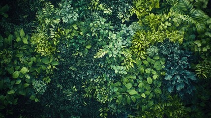 Overhead view of a forest canopy filled with green flora.