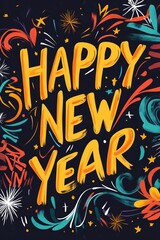 Fototapeta premium Happy New Year Hand-Drawn Text with Colorful Fireworks