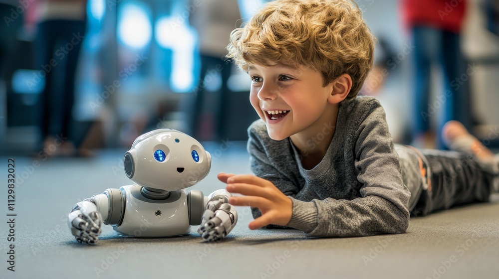 Poster a young boy smiles as he plays with a small humanoid robot. the joyful interaction between child and