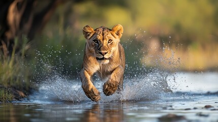 Young Lioness Running Through Water in African Savanna at Sunset