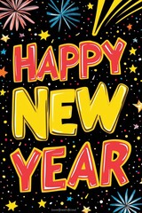 Obraz premium Happy New Year Bright Text with Fireworks and Stars
