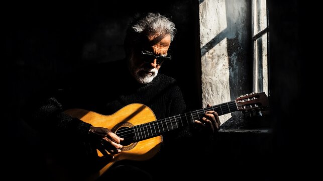 Elderly man plays classical guitar in dim light. - Powered by Adobe