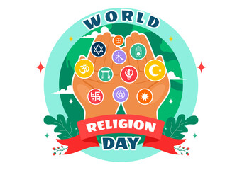 World Religion Day Vector Illustration on 17 January with Symbol Icons of Different Religions to Unity and Respect Among All Beliefs in a Background