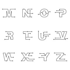 Set of icons for your design, Techno type font alphabet.Digital hi-tech style letters on white background. Stock vector for your headlines, posters etc.