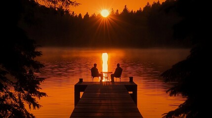 Couple silhouetted on a lake dock at sunset.