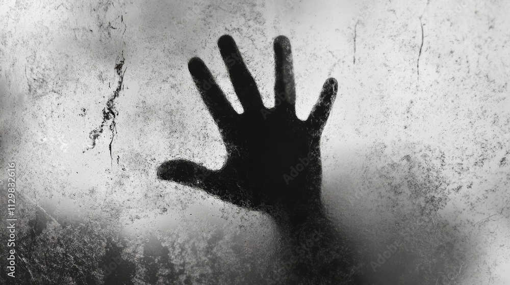 Poster a dark silhouette of a hand is pressed against a foggy glass, creating an eerie, mysterious, and sli