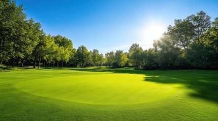 Naklejka premium Golf Course Green with Sun Rays in the Sky