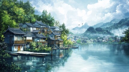 Obraz premium paint like illustration of Asian ancient town lakeside landscape ,