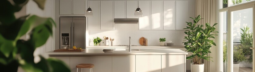 Modern White Kitchen With Abundant Natural Light And Greenery