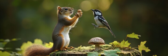 Obraz premium Squirrel and bird share an acorn in nature