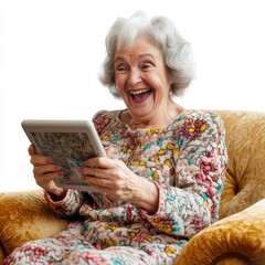 senior woman is seated on a plush sofa