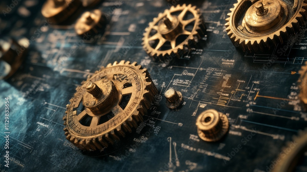 Poster close-up of intricate brass gears in a steampunk style, resting on a blueprint with technical drawin