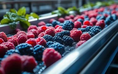 Fresh raspberries and blackberries glide along a conveyor belt, a vibrant journey from farm to...