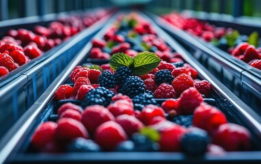 Juicy raspberries and blackberries glide down a conveyor belt, a vibrant display of freshness and abundance. Ready for market!
