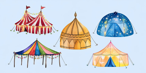 Fototapeta premium Watercolor Circus Tents Fairytale Festival Carnival Party Tents Collection