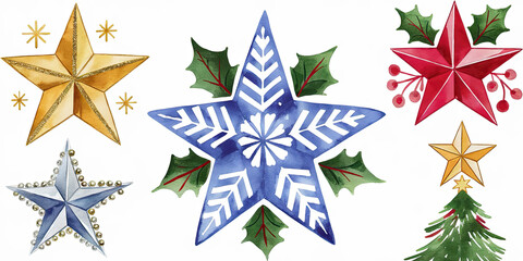 Obraz premium Festive Watercolor Christmas Stars Holly Tree