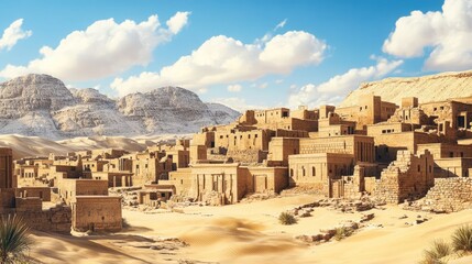 Fototapeta premium Panorama of the ancient Egyptian city, landscape with ancient stone houses in the desert on the sand.