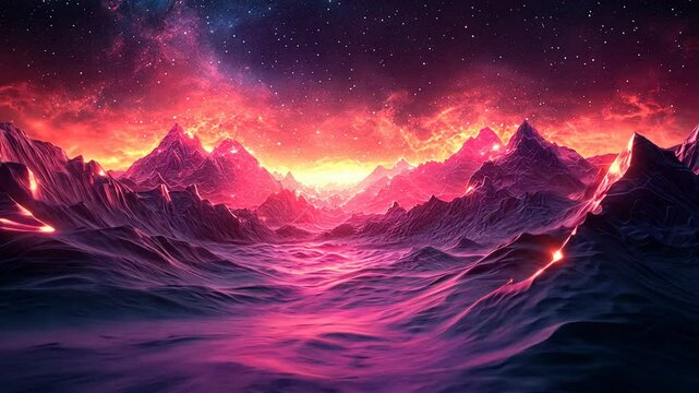 Surreal alien landscape with neon pink mountains and vivid sky