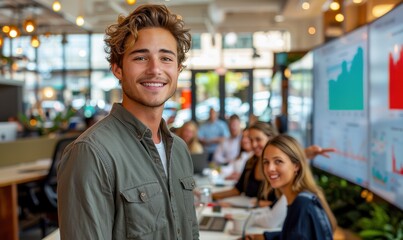 A man is smiling in front of a group of people