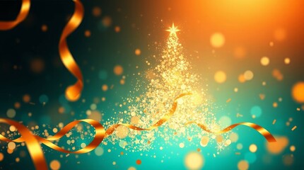 Christmas tree decorated with colorful ornaments and ribbons, shining on a blurred background. Perfect for festive decoration and Christmas atmosphere