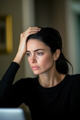 Fototapeta premium Stressed Woman Sitting at a Desk Holding Her Head in Frustration