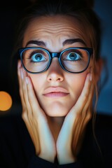 Fototapeta premium Portrait of a surprised young woman wearing glasses, holding her face with hands