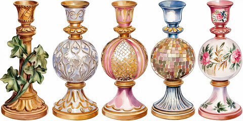 Elegant Watercolor Decorative Ornate Candlestick Holders Set