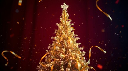 Christmas tree decorated with colorful ornaments and ribbons, shining on a blurred background. Perfect for festive decoration and Christmas atmosphere